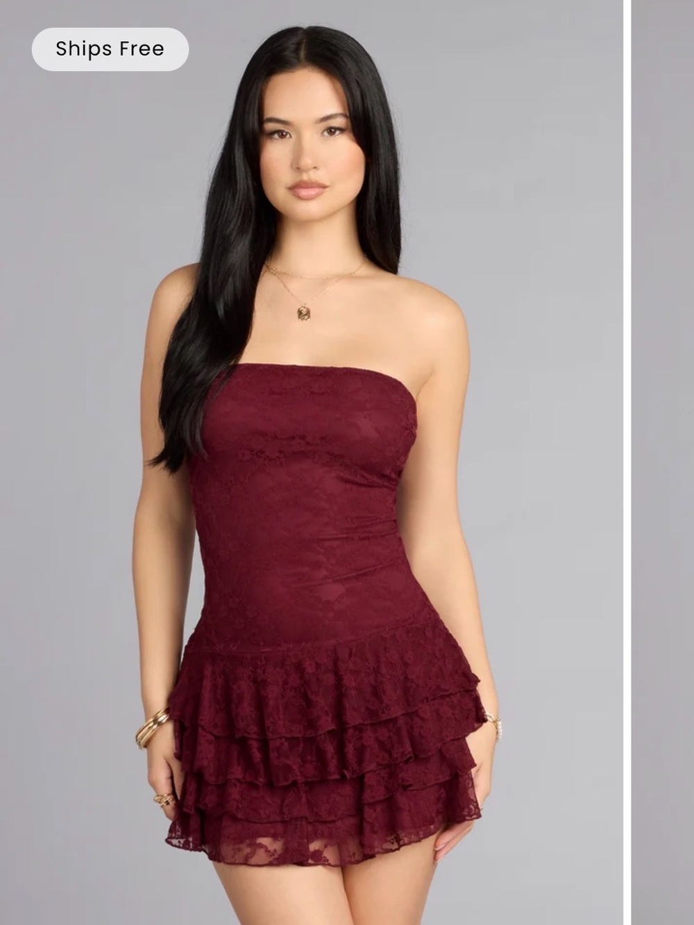 Windsor Strapless Lace Ruffle Mini Dress in Burgundy